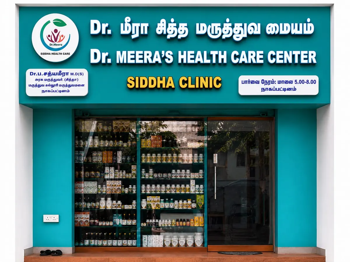 Dr Meera's Siddha Healthcare Centre clinic exterior and signage, Nagapattinam